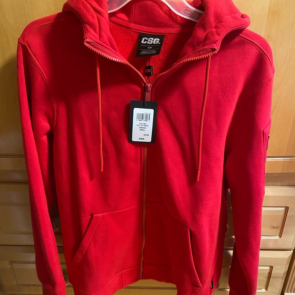 Mens red hooded zipper sweatshirt